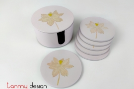 Set of  6 purple round coasters engraved lotus included with box 